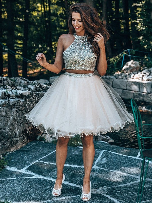 Short/Mini Beading Sleeveless Scoop A-Line/Princess Two Tulle Piece Homecoming Dresses