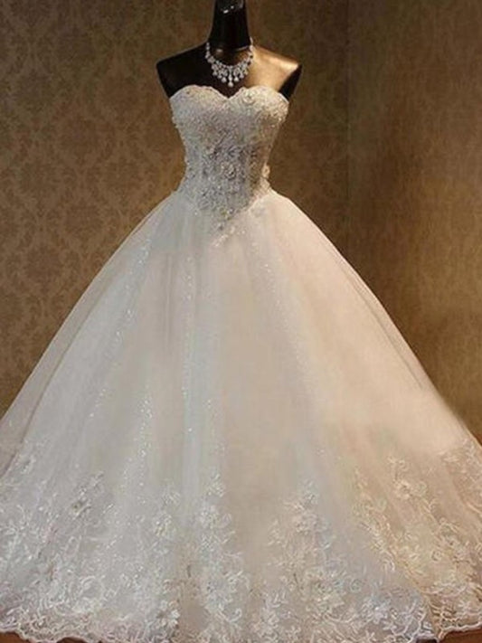 Beading Tulle Ball Sweetheart Sleeveless Gown Floor-Length Wedding Dresses