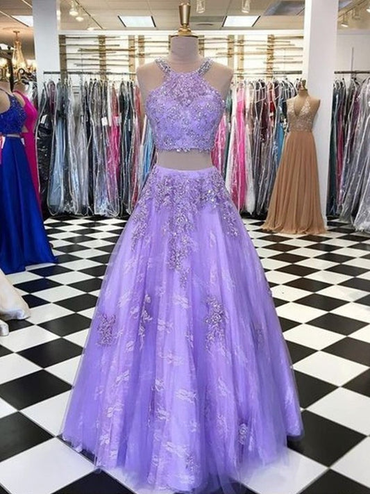 Floor-Length Beading Sleeveless A-Line/Princess Halter Tulle Two Piece Dresses