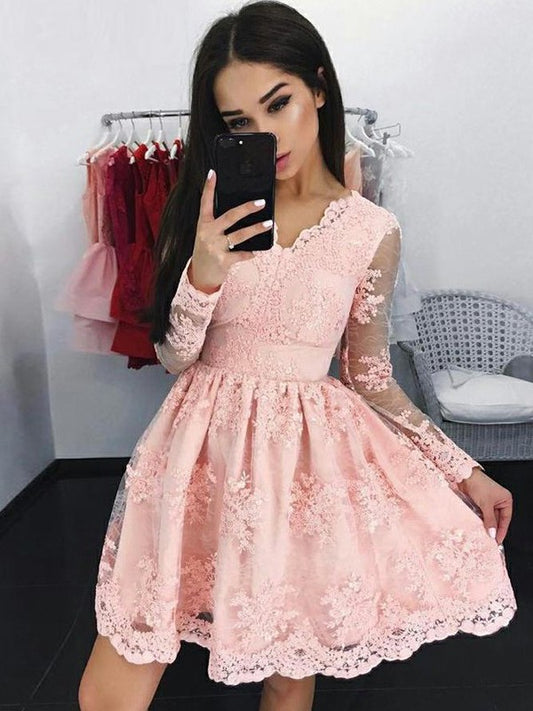 A-Line/Princess Applique Lace Long Sleeves V-neck Short/Mini Dresses