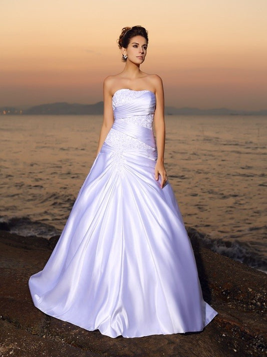 Strapless Long Ball Gown Beading Sleeveless Satin Beach Wedding Dresses