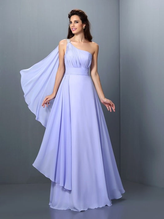 Pleats Sleeveless A-Line/Princess Long One-Shoulder Chiffon Bridesmaid Dresses