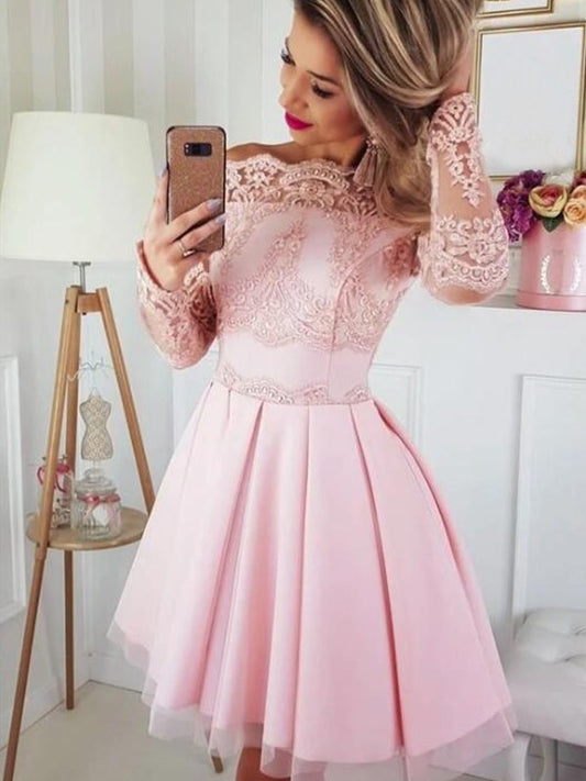 Long Satin Lace Sleeves A-Line/Princess Off-the-Shoulder Short/Mini Homecoming Dresses