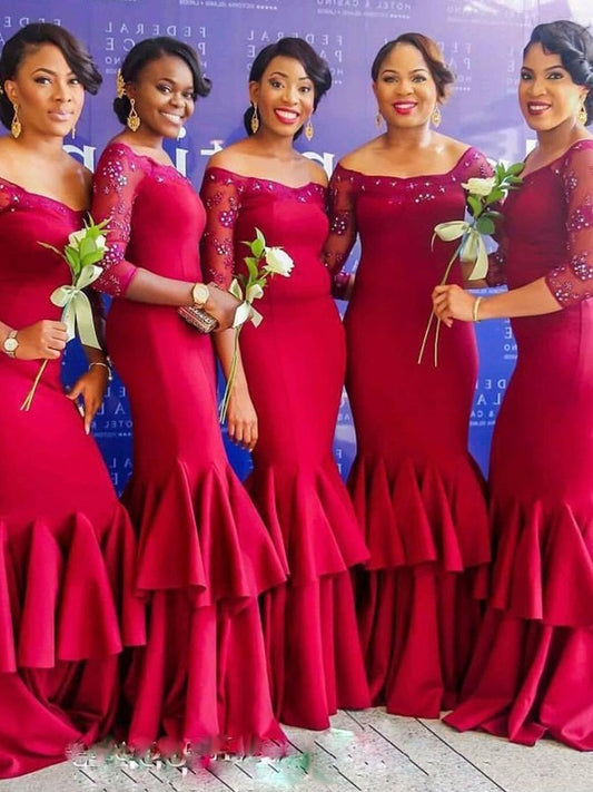 Stretch Sleeves Ruched 3/4 Off-the-Shoulder Floor-Length Trumpet/Mermaid Crepe Bridesmaid Dresses