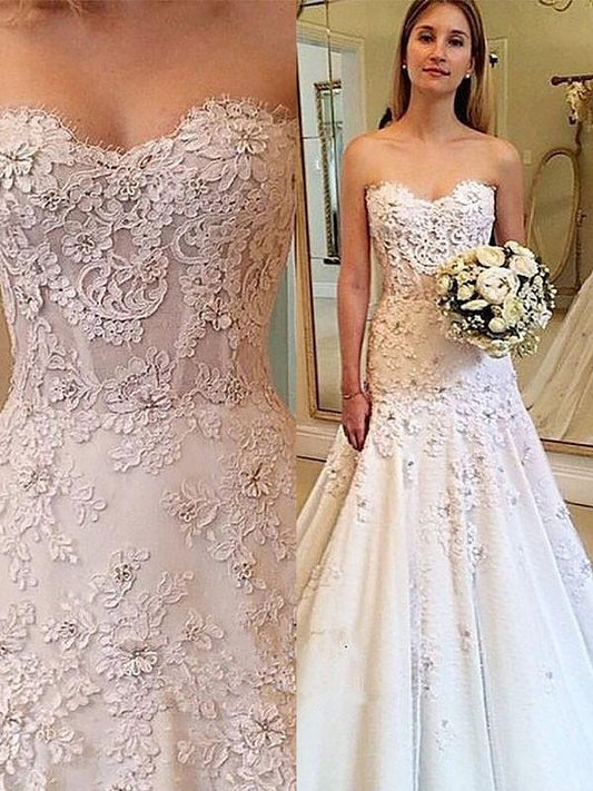 Lace A-Line/Princess Court Sweetheart Train Sleeveless Wedding Dresses