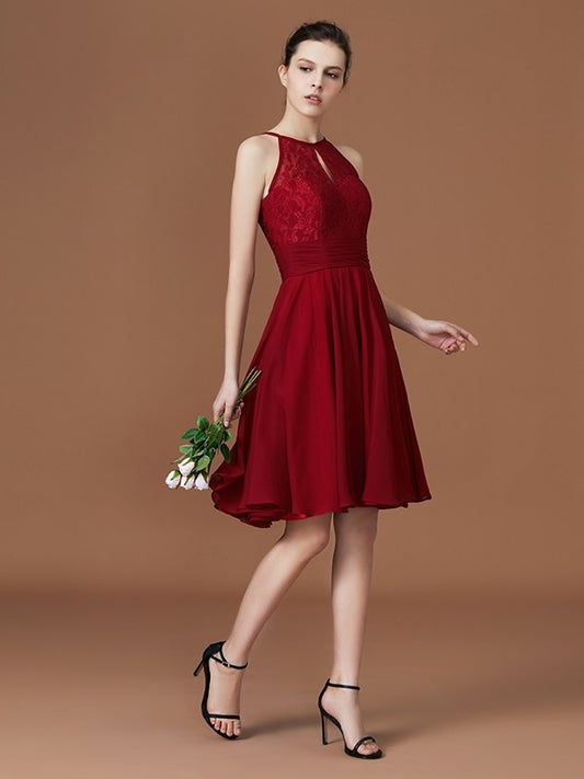halter Knee-Length A-Line/Princess Sleeveless Chiffon Lace Bridesmaid Dress