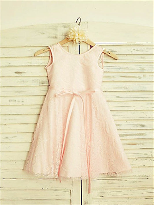 Sash/Ribbon/Belt Scoop A-line/Princess Sleeveless Tea-Length Lace Flower Girl Dresses
