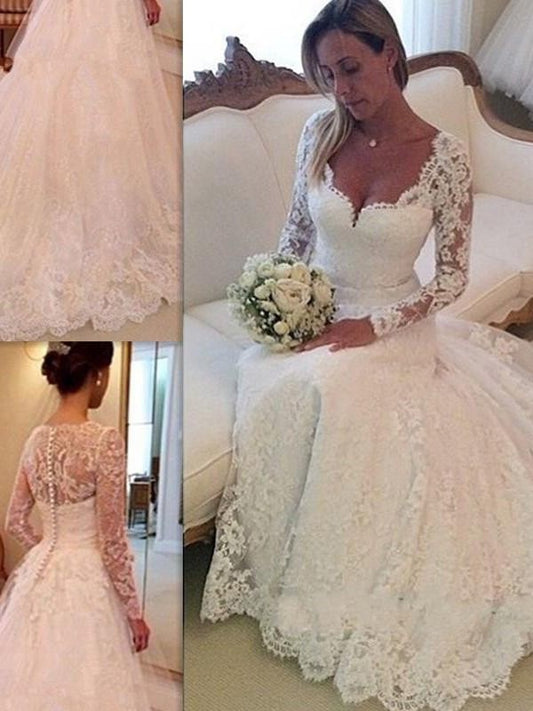 Ball Gown Long Court Train V-neck Sleeves Lace Tulle Wedding Dresses