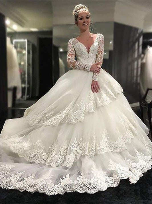 Long Tulle Sleeves Gown Court Ball Lace V-neck Train Wedding Dresses