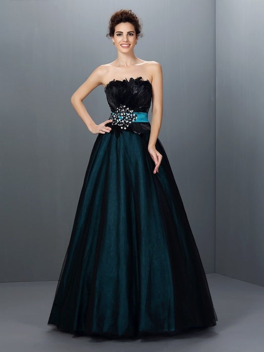 Gown Long Woven Strapless Feathers/Fur Elastic Sleeveless Ball Satin Quinceanera Dresses