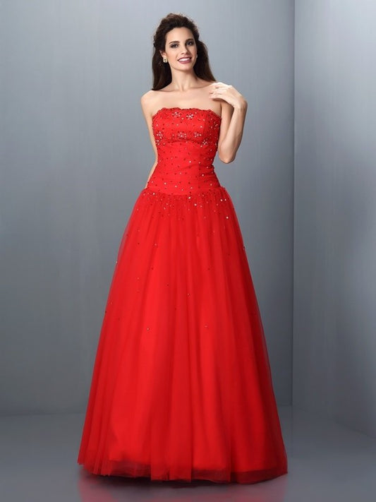 Strapless Long Gown Sleeveless Ball Beading Organza Quinceanera Dresses