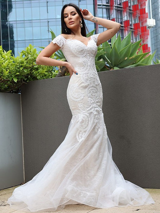 Trumpet/Mermaid Sleeveless Applique Tulle Off-the-Shoulder Sweep/Brush Train Wedding Dresses