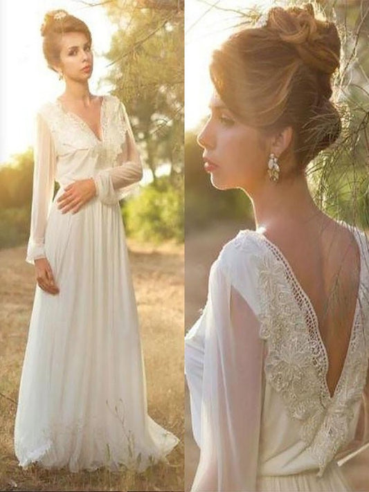 A-Line/Princess Lace V-neck Sleeves Long Sweep/Brush Chiffon Train Wedding Dresses