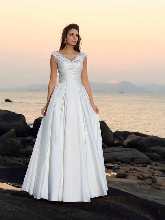 Beading Taffeta Sleeveless Long V-neck A-Line/Princess Beach Wedding Dresses