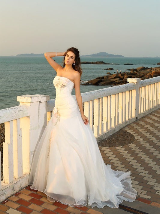 Satin Flower Sleeveless Gown Strapless Long Ball Hand-Made Beach Wedding Dresses