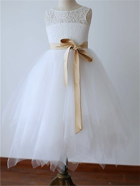 Scoop Sleeveless Sash/Ribbon/Belt Tulle Tea-Length A-line/Princess Flower Girl Dresses