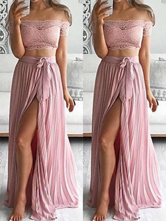 Floor-Length Off-the-Shoulder Sleeveless Lace A-Line/Princess Chiffon Two Piece Dresses