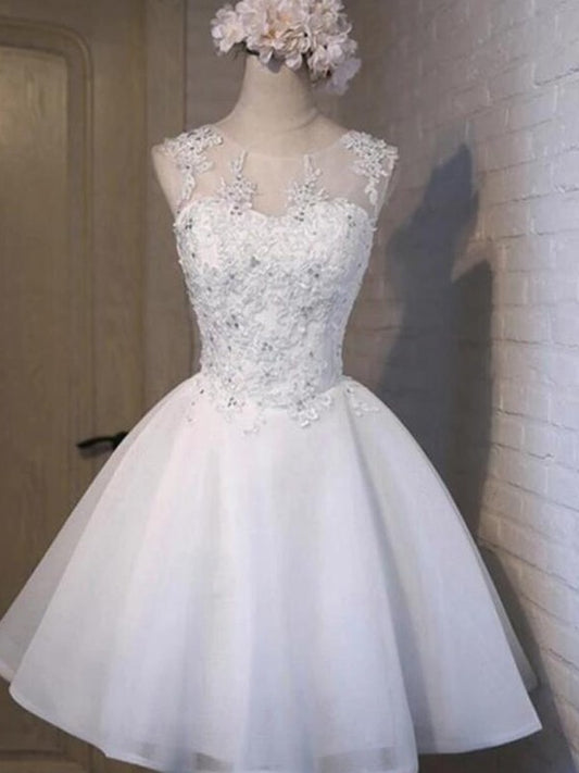 A-Line/Princess Neck Tulle Sheer Applique Sleeveless Short/Mini Homecoming Dresses