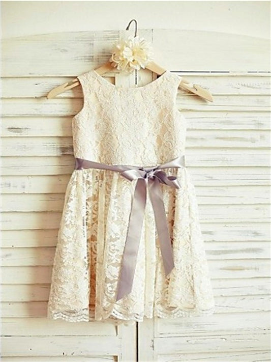 Bowknot Sleeveless A-line/Princess Tea-Length Scoop Lace Flower Girl Dresses