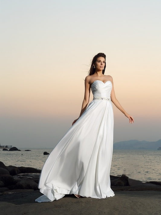 Sleeveless A-Line/Princess Taffeta Beading Sweetheart Long Beach Wedding Dresses