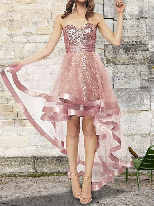 Sleeveless Sweetheart Asymmetrical A-Line/Princess Sequin Organza Dresses