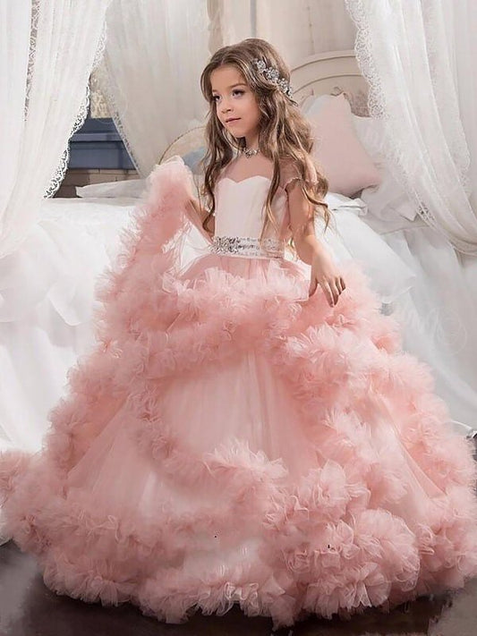 Tulle Short Sleeves Ball Floor-Length Jewel Crystal Gown Flower Girl Dresses