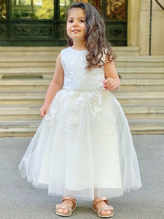Ankle-Length Scoop Sleeveless Tulle A-Line/Princess Lace Flower Girl Dresses