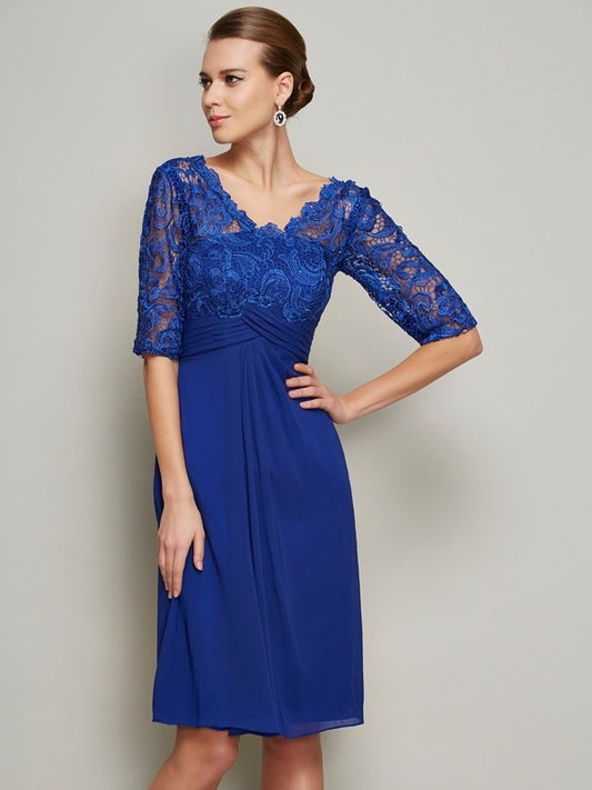 Lace 1/2 Short Sheath/Column Sleeves Chiffon V-neck Mother of the Bride Dresses