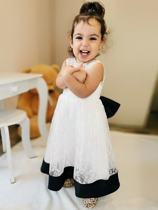 A-Line/Princess Sleeveless Lace Ankle-Length Scoop Bowknot Flower Girl Dresses