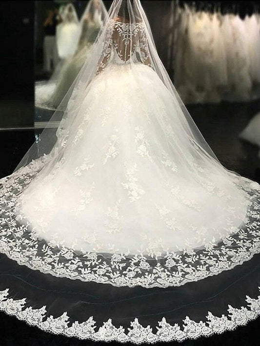 Gown Train Ball Long Sleeves Applique Cathedral Lace Scoop Tulle Wedding Dresses