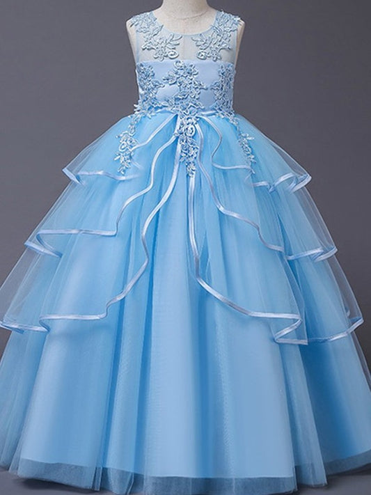 Applique A-Line/Princess Floor-Length Scoop Sleeveless Tulle Flower Girl Dresses