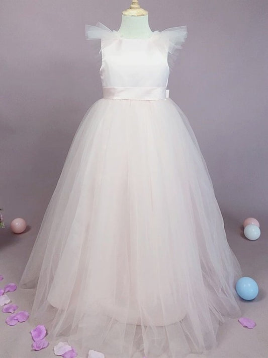 A-Line/Princess Bowknot Floor-Length Sleeveless Tulle Scoop Flower Girl Dresses