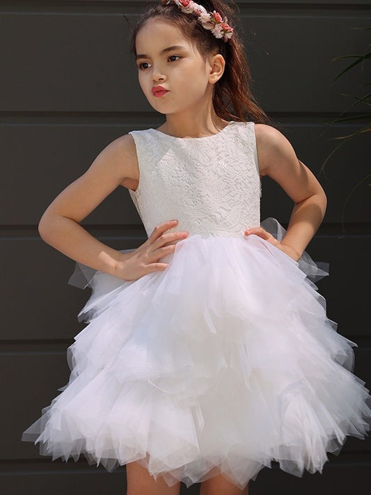 Lace A-Line/Princess Scoop Sleeveless Short/Mini Tulle Flower Girl Dresses