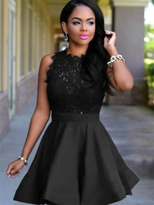 A-Line With Satin Cut Jewel Lace Short Black Homecoming Dresses
