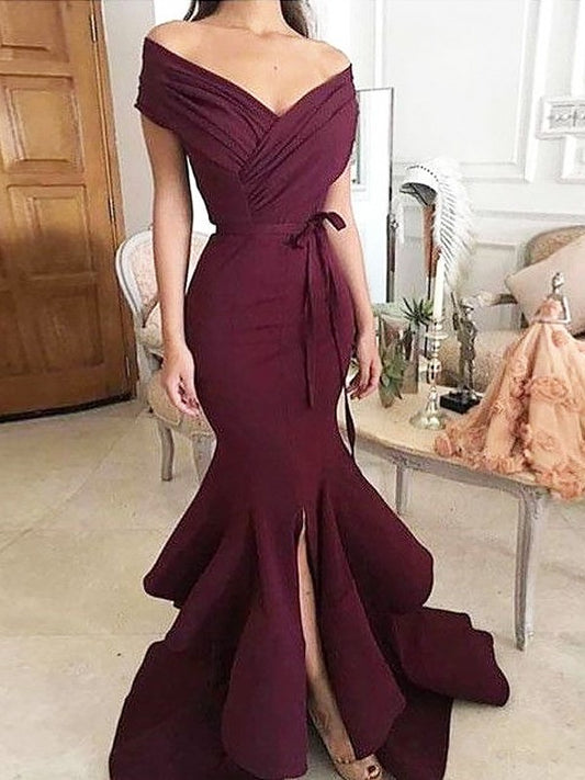 Trumpet/Mermaid Floor-Length Off-the-Shoulder Sleeveless Ruched Stretch Crepe Dresses