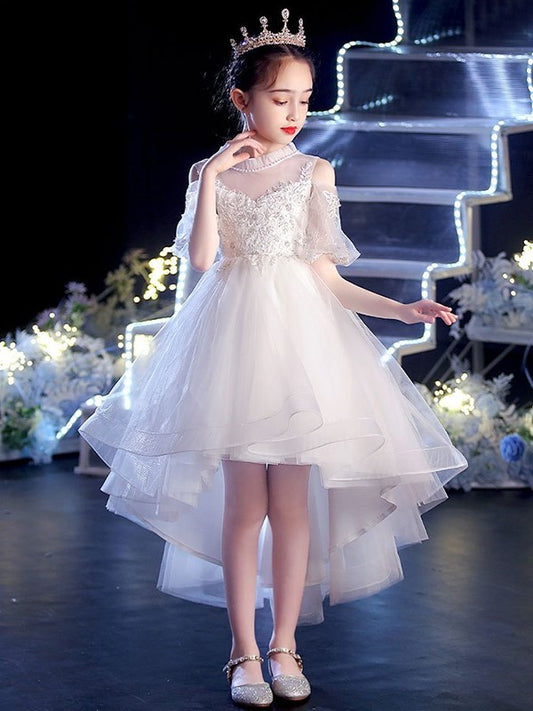 Tulle Short Scoop Applique Asymmetrical A-Line/Princess Sleeves Flower Girl Dresses