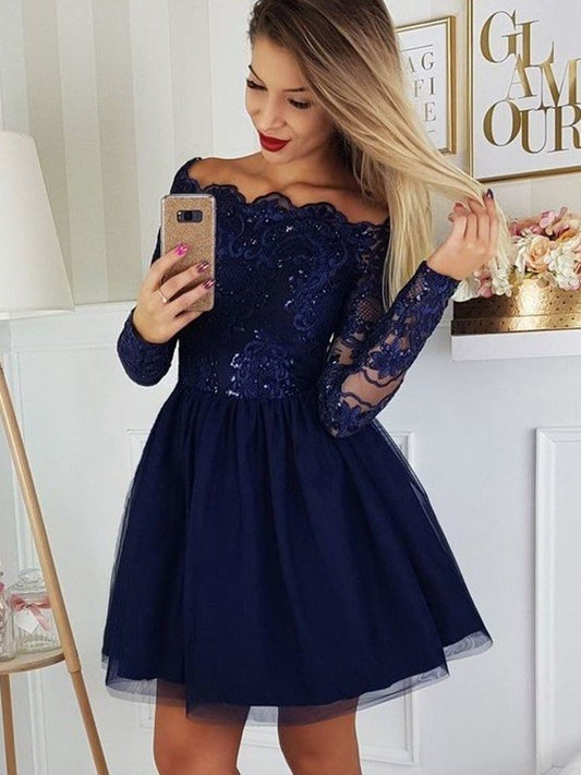Off-the-Shoulder Long Applique Sleeves A-Line/Princess Tulle Short/Mini Homecoming Dress