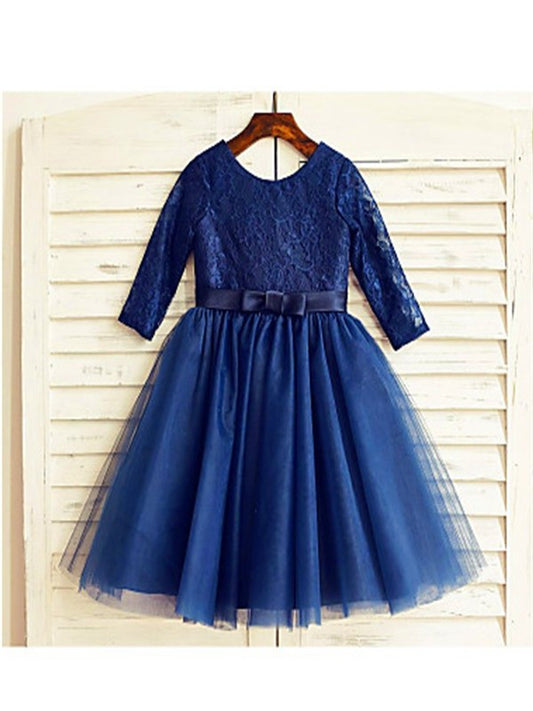 Tulle A-line/Princess Lace Sleeves Scoop Long Tea-Length Flower Girl Dresses