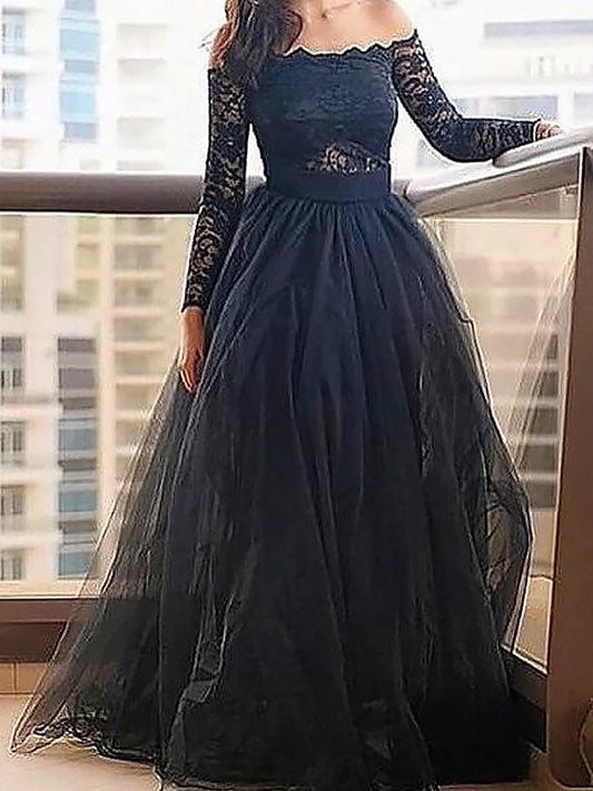 Long Off-the-Shoulder A-Line/Princess Lace Sleeves Floor-Length Tulle Dresses