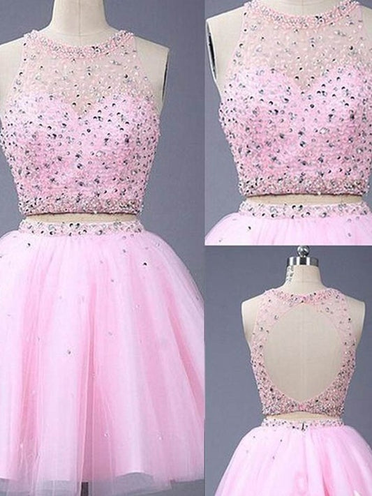 Scoop Short/Mini Beading Tulle Sleeveless A-Line/Princess Two Piece Dresses