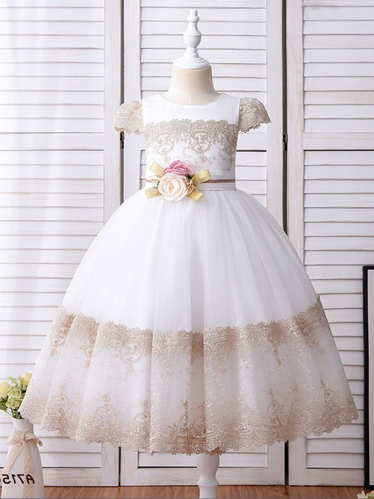 Sleeves Hand-Made Ball Flower Gown Lace Short Scoop Ankle-Length Flower Girl Dresses