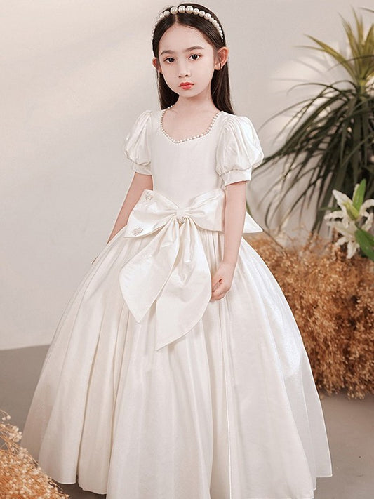 Sweetheart Bowknot Floor-Length Satin A-Line/Princess Sleeves Short Flower Girl Dresses