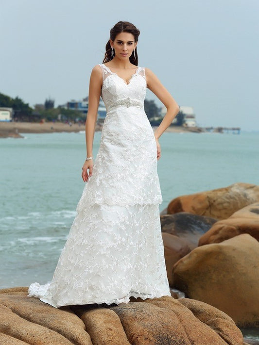 Long Satin Sleeveless Straps A-Line/Princess Applique Beach Wedding Dresses