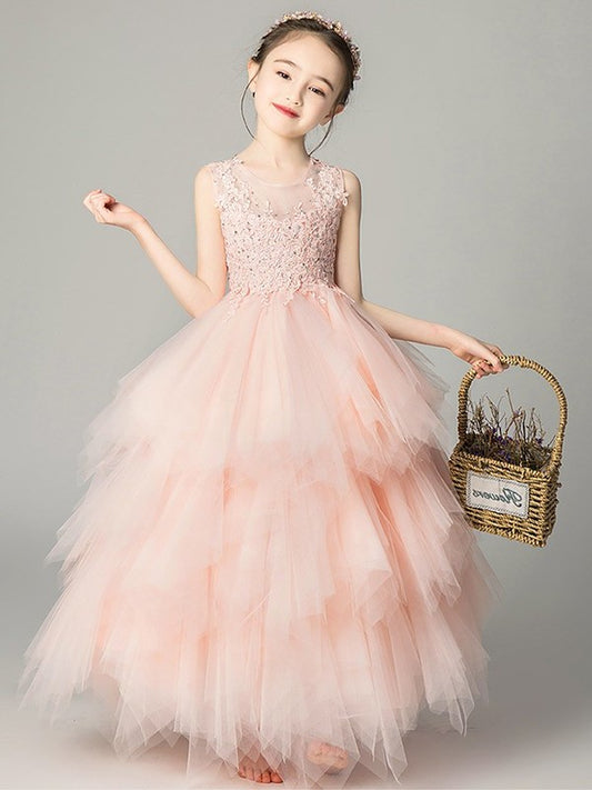 Sleeveless Scoop A-Line/Princess Floor-Length Applique Tulle Flower Girl Dresses