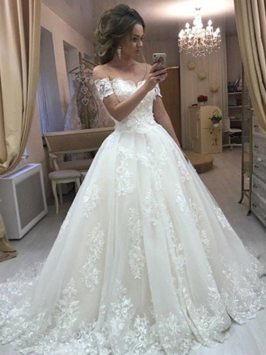 A-Line/Princess Applique Sweep/Brush Off-the-Shoulder Sleeveless Train Tulle Wedding Dresses