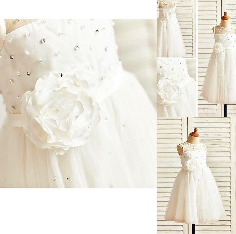 Hand-made Flower Tea-Length Sleeveless Tulle Scoop A-line/Princess Flower Girl Dresses