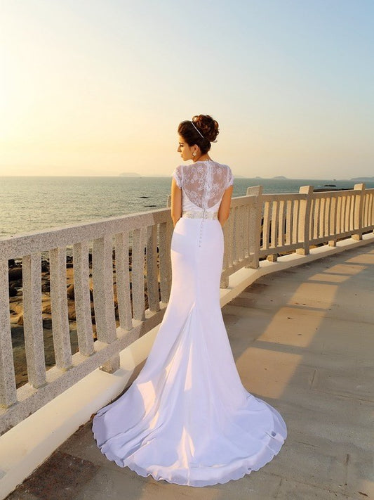 Sheath/Column Sleeveless Beading Chiffon Long V-neck Beach Wedding Dresses