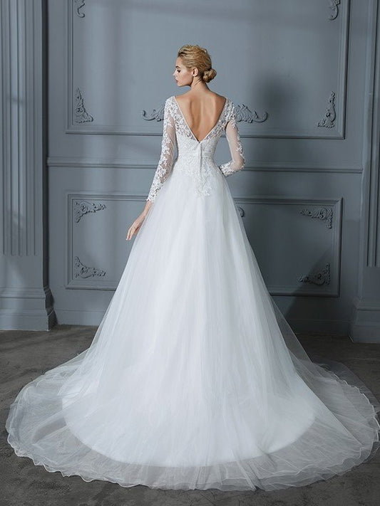 V-neck Train Sleeves Lace Court Gown Ball Long Tulle Wedding Dresses