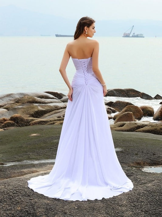 Sleeveless Long Sweetheart Sheath/Column Beading Chiffon Beach Wedding Dresses