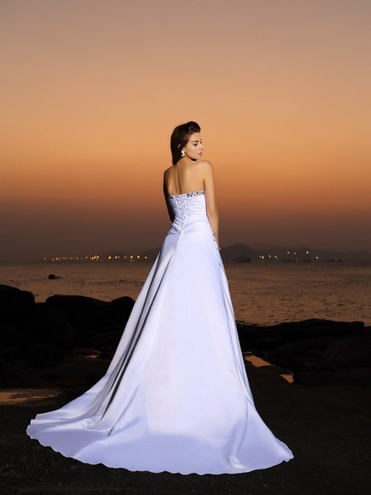 Strapless Sleeveless Beading Long Satin A-Line/Princess Beach Wedding Dresses